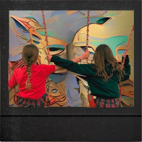 This photo exemplifies the trend of AI-powered photo editing. Starting with an original photo of two-second grade girls on the swings behind the cafeteria, AI software was utilized to generate an abstract background with the theme of masks. During the year 2021, many photographers self-quarantining had more time to experiment with this emerging art form. 