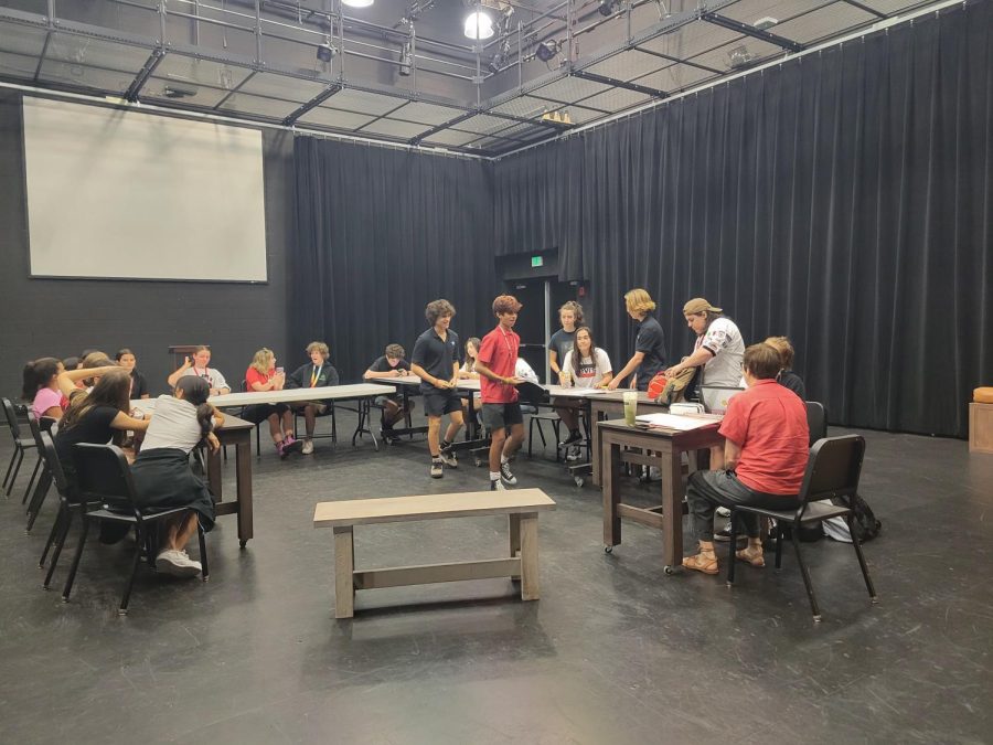 (Above) The cast of LHP’s production of The 25th An-
nual Putnam County Spelling Bee do a read-through in

the Black Box Theatre. It is one of the first practices
of the year, and everyone is excited. This musical
comedy will be directed by Mrs. Elizabeth Cortelyou.
Photo by Serena Young.