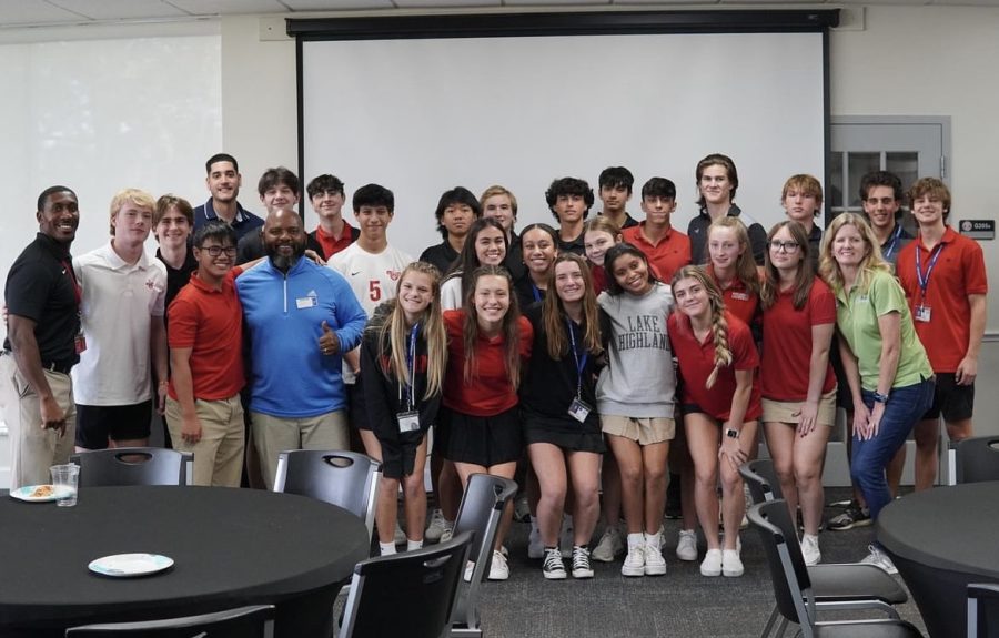  Caption 1 (group photo): (Above) The first FCA luncheon attracted many students from all grade levels. They gathered to hear a testimony from teacher, Mr. J.R. Solis, and to learn about the future of FCA on campus. Photo courtesy of Henry Builder.
