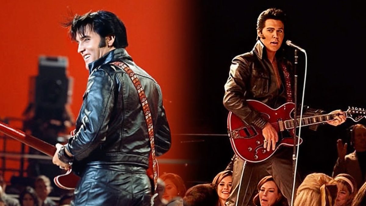 (Above) Austin Butler appeared in costumes reminiscent of what Elvis Presley wore while singing, dancing, and performing. TheMusicMan.uk reports, “It is clear from the comparison videos that Austin Butler made a dynamic and convincing Elvis Presley.” Photos courtesy of The Music Man and Kruse GWS Auctions.
