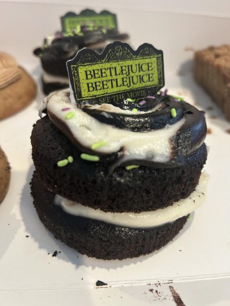 (Above) After the new thrilling sequel to the iconic movie Beetlejuice came out, Crumbl partnered with Beetlejuice Beetlejuice to deliver a delicious treat. This is a chocolate cake layered with vanilla frosting with green sprinkles. This cake was available at Crumbl Cookie from September 2 to 7. 