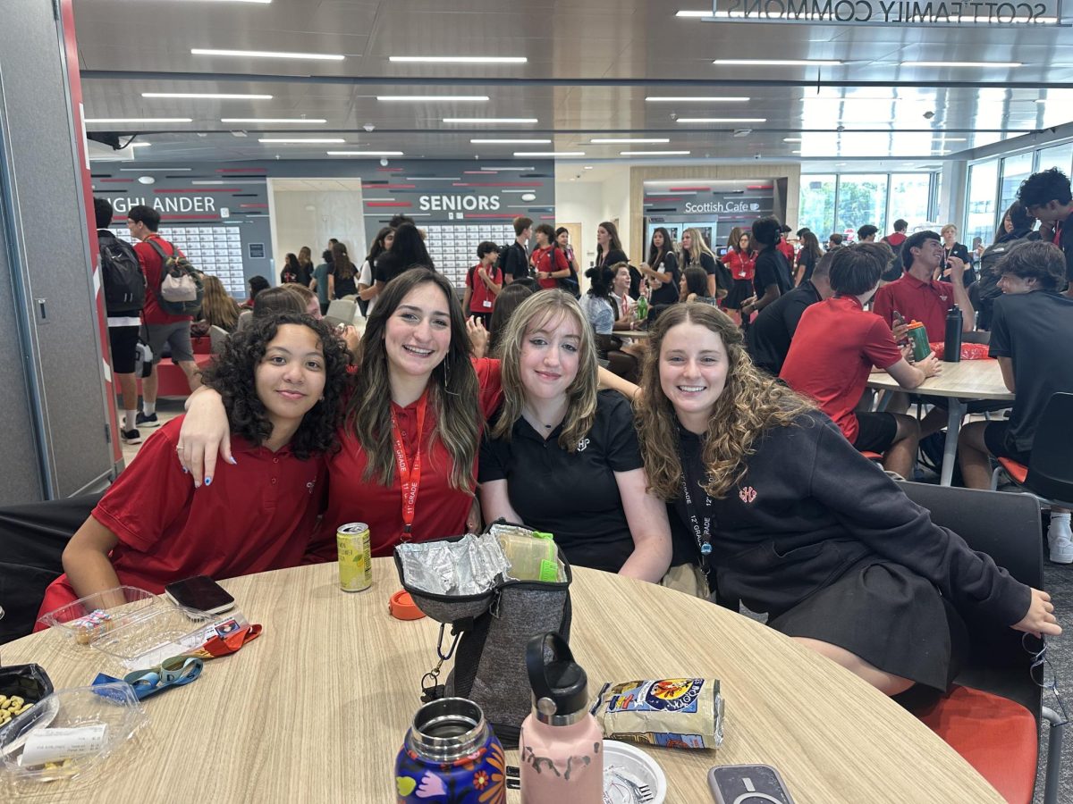 (Above) The first day of school was an exciting day for every Highlander. With Sophomore year complete, Katie Mathews and Hannah Thomas, grade 11, can’t wait for their Junior year classes. Mayren Comenencia and Kylie Kiefer, grade 12, love to reminisce about their Junior year and offer advice to them. 