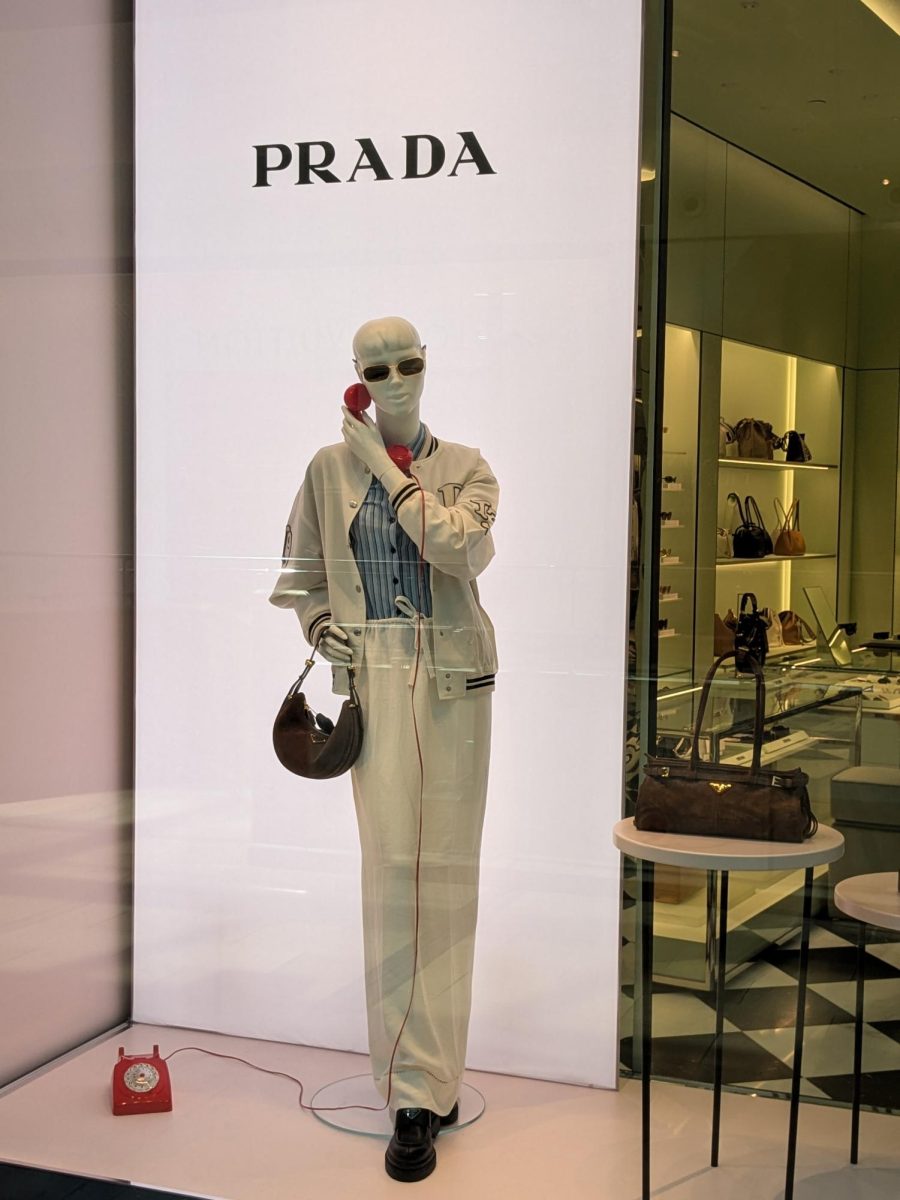 (Above) A lady mannequin calls her boyfriend to tell him about her new bags. The line is blocked, and she wonders who he could be calling.