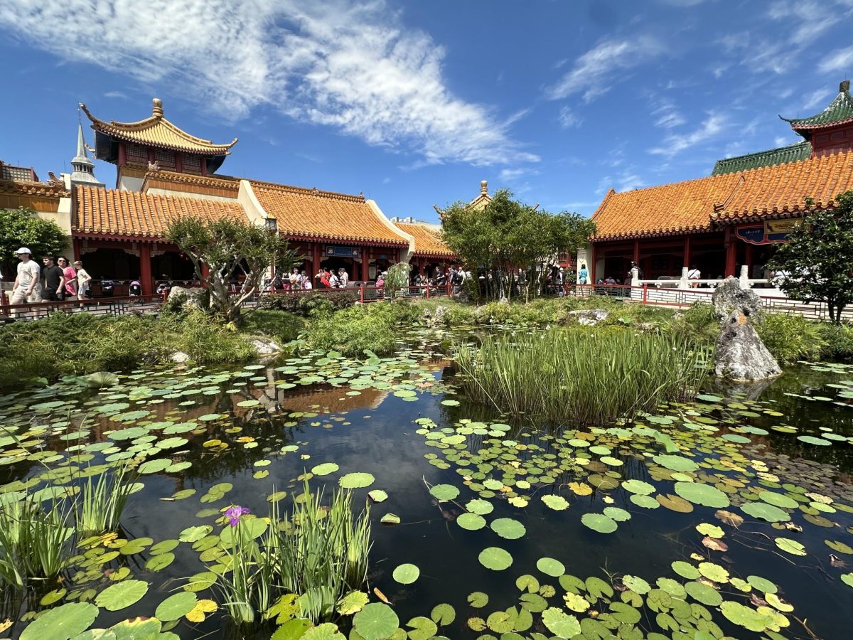 (Above) Walt Disney World’s Epcot has a diverse selection of country pavilions to capture the around-the-world effect. The China pavilion is one of the two Asian countries that are a part of the park’s pavilions: The China pavilion highlights nature during the International Flower and Garden Festival with attractions such as this pond that has lilypads, tadpoles, topiaries, and gardens.