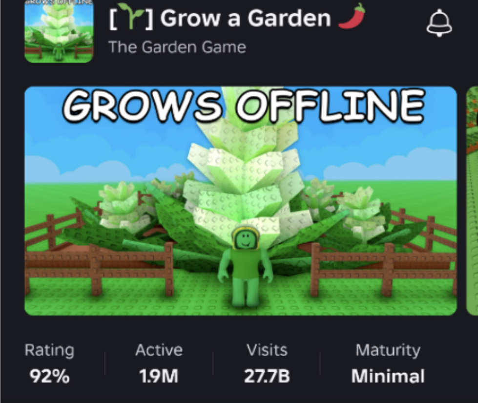 (Above) Grow a Garden has hit over 27.7 Billion visits overall. That is more than the amount of people on earth; it also has a rating of 92% by over millions of players. And usually having 2-3 million players playing concurrently. 
