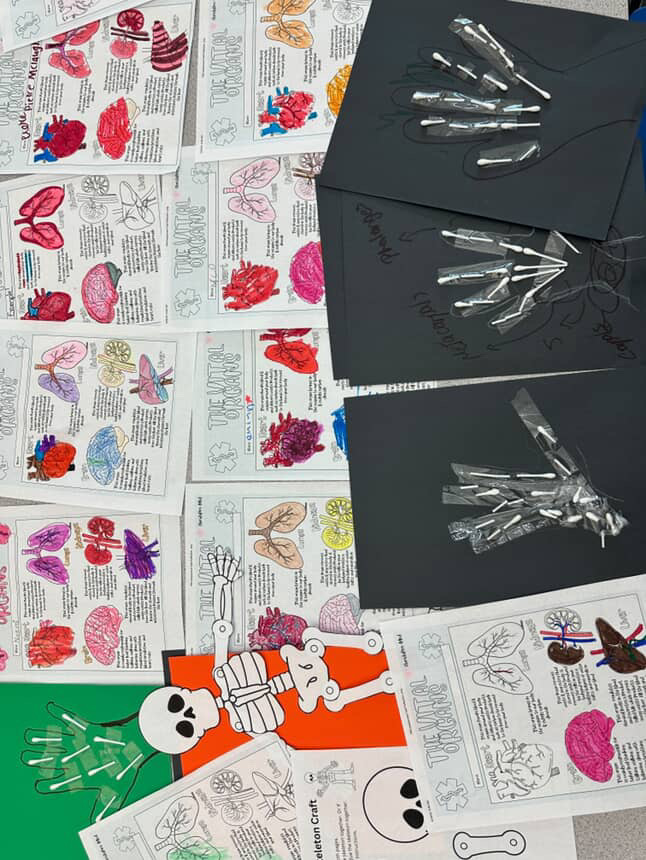 (Above) Another activity at the Orlando Science Center event was the arts and crafts station. Volunteers provided worksheets and coloring utensils to the kids, and this was the most popular station during the event. Additionally,
there was another station where kids could make an x-ray of their hand. The volunteer would trace their hand out on a black piece of paper and then use Q tips to create the bone structure.