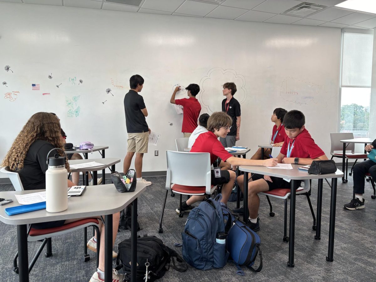 (Above) Alec Yang, Mohid Hassan, and Quinn Bergethon, all grde 11, are leading a Mu Alpha Theta practice meeting. In the meeting, members did a practice Math League competition in order to prepare for the monthly competitions. In this photo, the three juniors help explain solutions for difficult problems that were on the practice test to other members of Mu Alpha Theta, which made these practices very useful for getting better at the competitions.