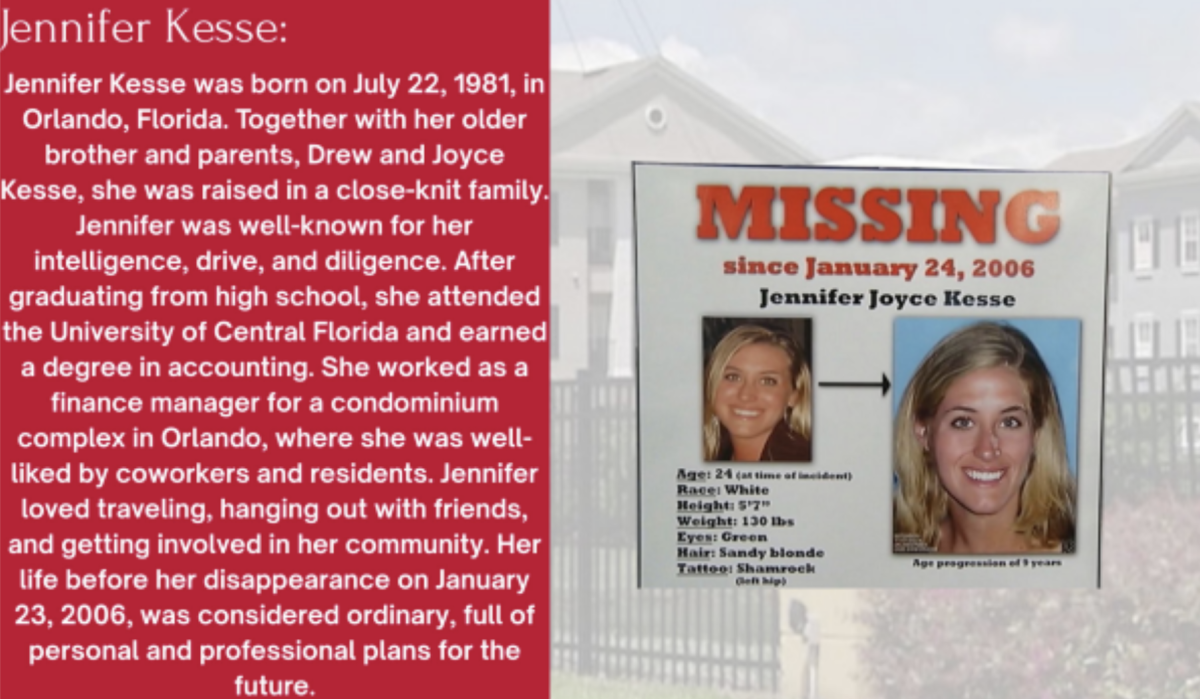 (Above) Details about Jennifer Joyce Kesse, kidnapped in January 2006, describe the beautiful life that Jennifer once lived. The two photos on the right were taken before the abduction. The background shares her apartment where she was last seen. Jennifer was a bright young women who had an amazing life ahead of her before she was reported missing.