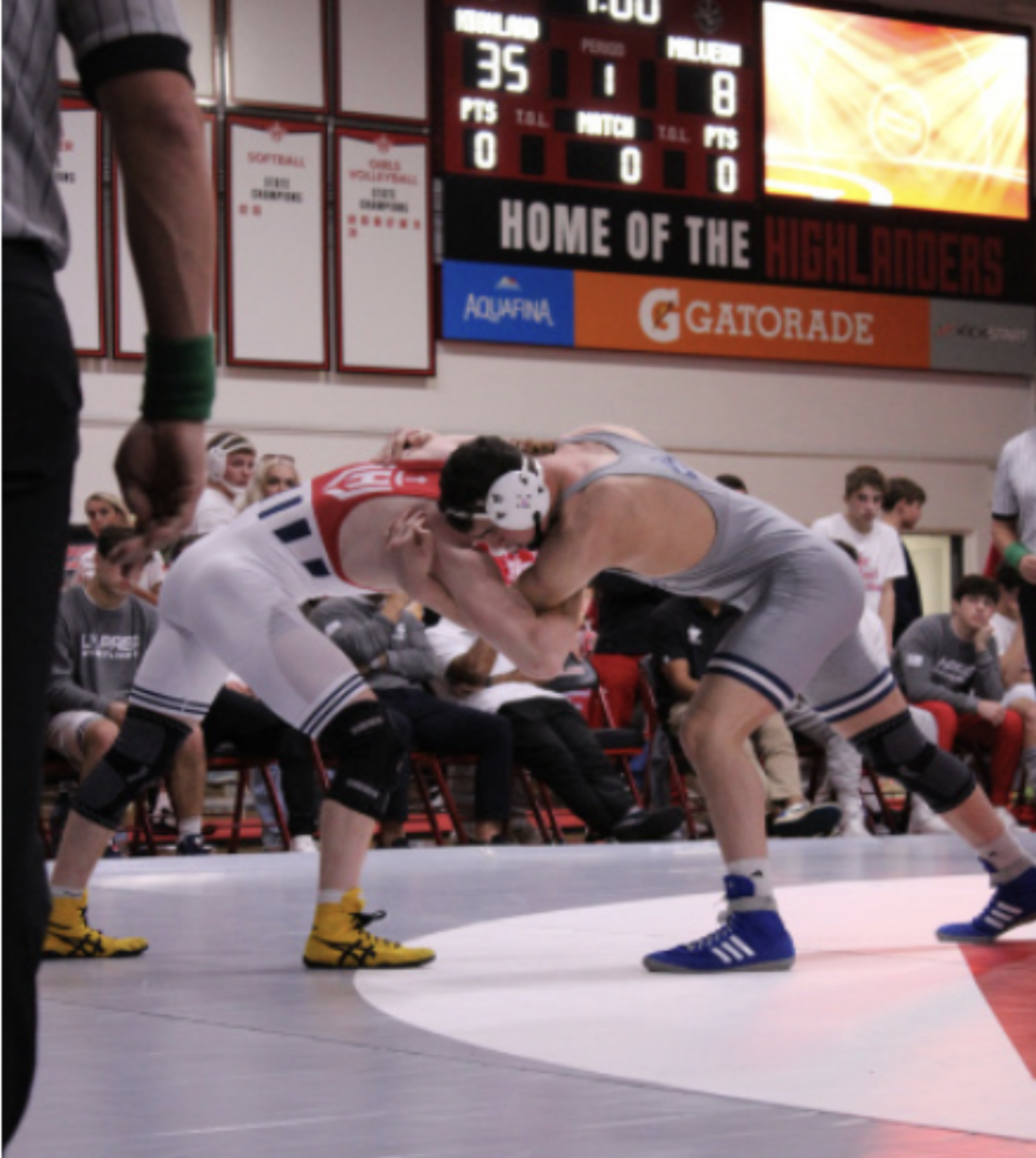 (Above) One of the Seniors, Jackson Angelou, West Virginia commit, wrestled in the 190 weight class for this meet. Aneglou is ranked thirteenth in the country in the 190 weight class by Flo Wrestling.