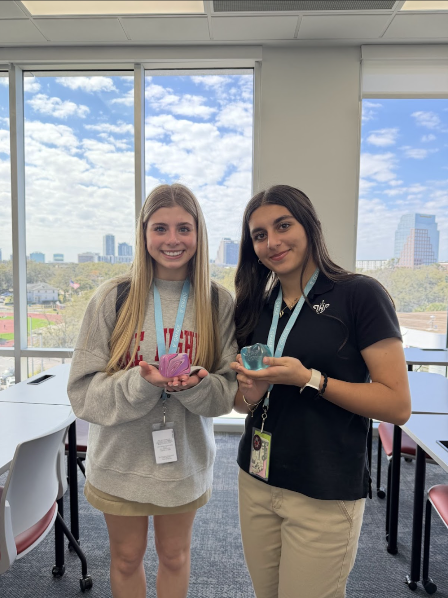 (Above) Ava Savina (left) and Sheza Asrar (right), both grade 9, are shown holding Needohs at school. They talk about how much Needohs have kept them entertained, but also focused in and out of school. Asrar says she uses them everyday and still has not grown tired of them.