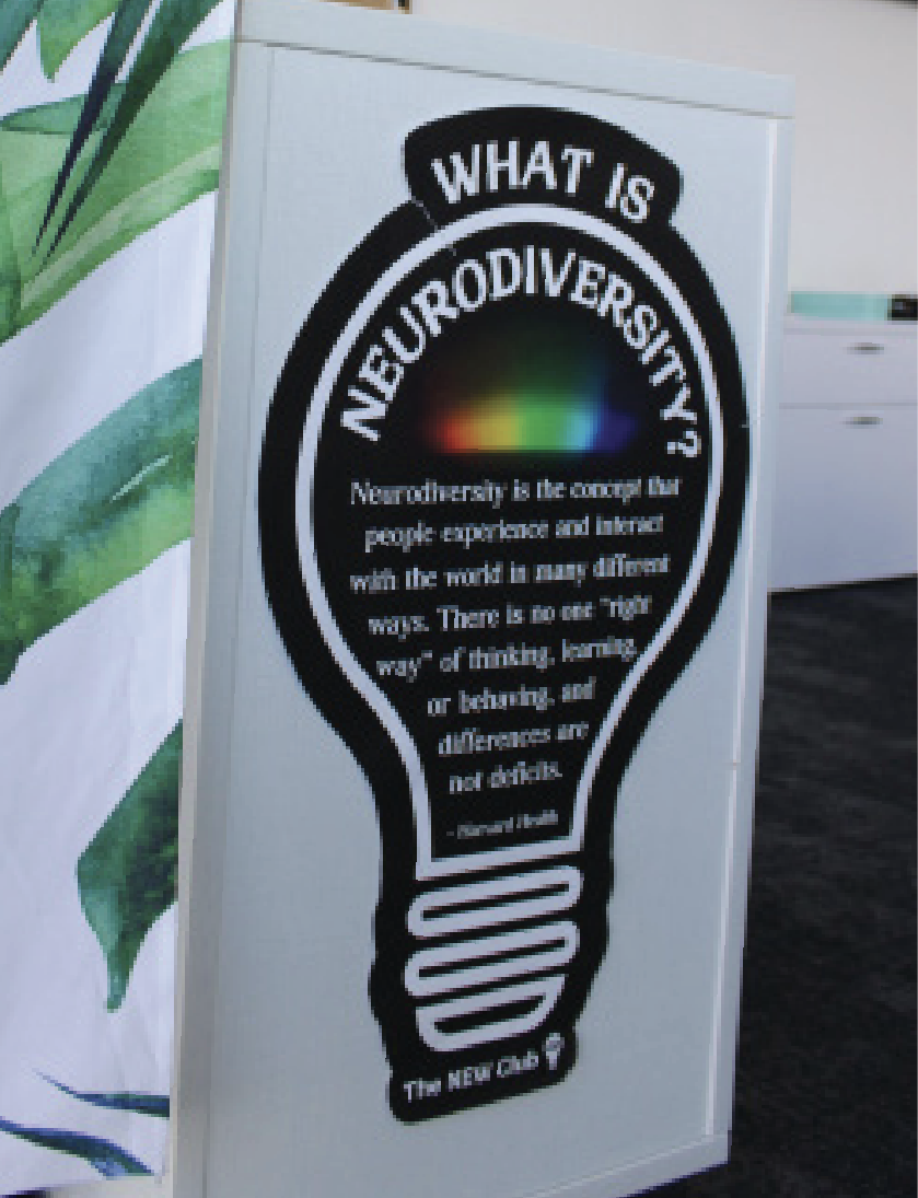 (Above) A poster explaining neurodiversity stands in the classroom  of Edison Learning Specialist Clara Velasquez-Levin at The display highlights the idea that people think, learn, and interact with the world in many different ways, reflecting the values of the Edison Program. Velasquez-Levin, to help them build confidence, resilience, and strategies.